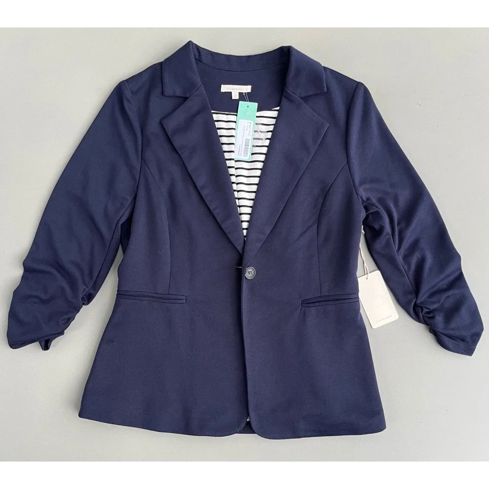 NWT 41 Hawthorn Benson 3/4 Ruched Sleeve Blazer Navy Blue Striped Lining